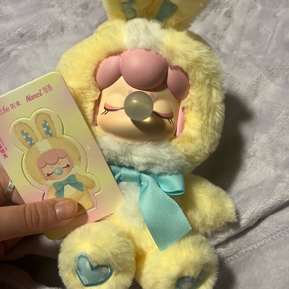 Yellow Plush Bunny Doll with Blue Ribbon